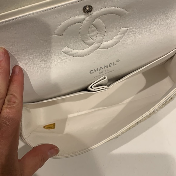 CHANEL 🤍RARE Ginza Double Flap 2.55 Ivory Tweed Boucle Rectangle Quilted Silver - Picture 14 of 16